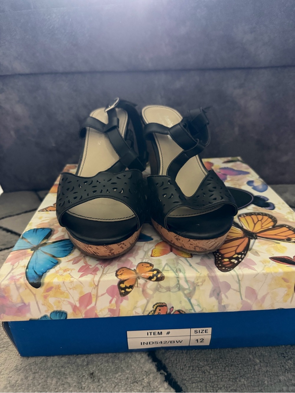 Penningtons Black Perforated Wedge Sandals with Cork Platform
